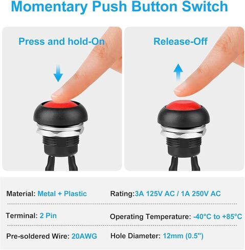 Linkstyle 10Pcs 12mm Momentary Push Button Switch, 1A 250V AC SPST Waterproof Round Switch with Pre-soldered Wire for Automation in Saudi Arabia