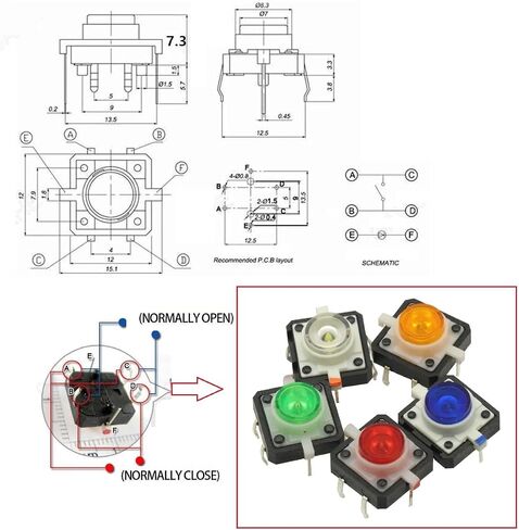10 PCS 12x12x7.3 Push Bush Bustice Switch لحظة LED 5 Color 12x12x7.3mm 12 * 12 * 7.3mm in Saudi Arabia