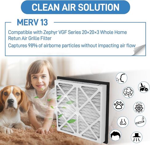 20x20x3 MERV 13 Pleated Air Filter Compatible with Zephyr VGF Series 20x20x3 Whole Home Return Air Grille Filter, MERV-13 Air Filtration System Grille Filters 2 Pack, Actual Size 18-3/8 × 18-3/8 × 3" in Saudi Arabia