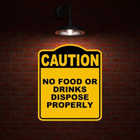 NO FOOD OR DRINKS DISPOSE PROPERLY Caution Yellow Black Aluminum Composite Sign 15 x 18 inches in Saudi Arabia