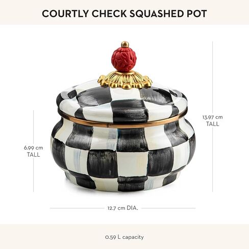 MACKENZIE-CHILDS Enamel Squashed Pot, Cute Enameled Container with Lid, 20 Ounces, Black-and-White Courtly Check in Saudi Arabia
