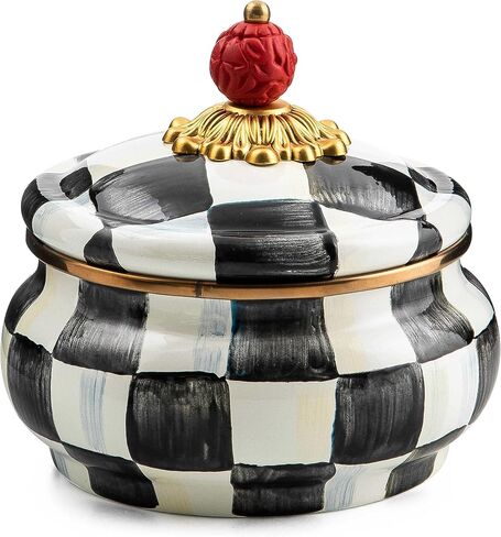 MACKENZIE-CHILDS Enamel Squashed Pot, Cute Enameled Container with Lid, 20 Ounces, Black-and-White Courtly Check in Saudi Arabia