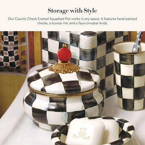 MACKENZIE-CHILDS Enamel Squashed Pot, Cute Enameled Container with Lid, 20 Ounces, Black-and-White Courtly Check in Saudi Arabia