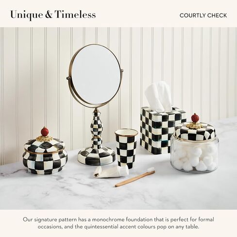 MACKENZIE-CHILDS Enamel Squashed Pot, Cute Enameled Container with Lid, 20 Ounces, Black-and-White Courtly Check in Saudi Arabia