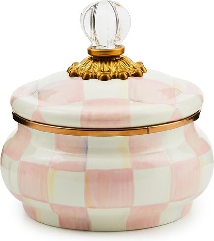 MACKENZIE-CHILDS Enamel Squashed Pot, Cute Enameled Container with Lid, 20 Ounces, Black-and-White Courtly Check in Saudi Arabia