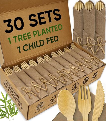 مجموعة من المناديل المدمجة مسبقًا ومقاومة المائدة الخيزران مع مناديل بنية (50 حزمة ، 200 قطعة) 100 ٪ قابلة للتحلل ، والسكاكين الصديقة للبيئة ، وملفقة يمكن التخلص منها-شوك الخيزر in Kuwait