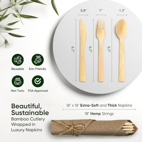 مجموعة من المناديل المدمجة مسبقًا ومقاومة المائدة الخيزران مع مناديل بنية (50 حزمة ، 200 قطعة) 100 ٪ قابلة للتحلل ، والسكاكين الصديقة للبيئة ، وملفقة يمكن التخلص منها-شوك الخيزر in Kuwait