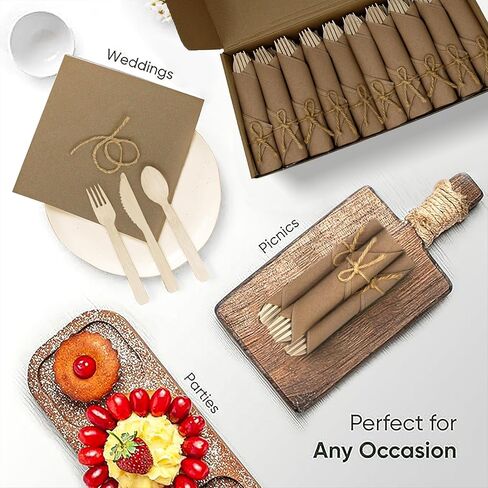 مجموعة من المناديل المدمجة مسبقًا ومقاومة المائدة الخيزران مع مناديل بنية (50 حزمة ، 200 قطعة) 100 ٪ قابلة للتحلل ، والسكاكين الصديقة للبيئة ، وملفقة يمكن التخلص منها-شوك الخيزر in Kuwait