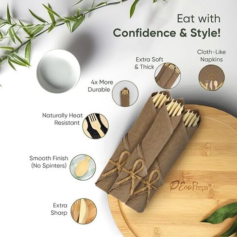 مجموعة من المناديل المدمجة مسبقًا ومقاومة المائدة الخيزران مع مناديل بنية (50 حزمة ، 200 قطعة) 100 ٪ قابلة للتحلل ، والسكاكين الصديقة للبيئة ، وملفقة يمكن التخلص منها-شوك الخيزر in Kuwait