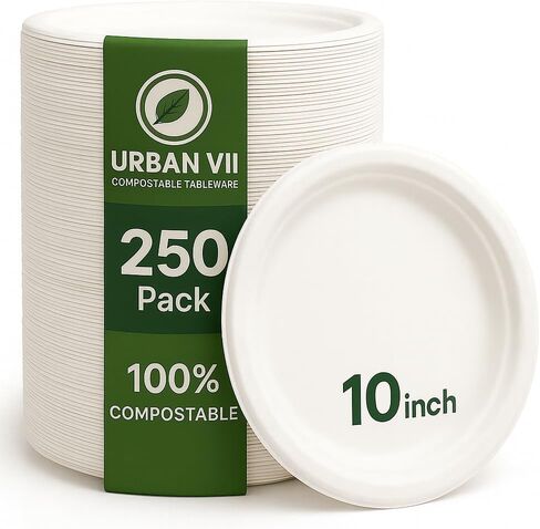 10-Inch Compostable Paper Plates [250-Pack] – Heavy-Duty Disposable Bagasse (Sugarcane Fiber) Plates, Eco-Friendly Biodegradable Dinnerware, Microwave-Safe & Leak-Proof (125, 10 Inch) in Kuwait