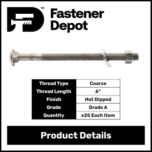 5/8" x 10" (25 Pack) Galvanized Carriage Bolt Kit Grade 307A, Includes 5/8" USS Flat Washers (25 pcs) and 5/8"-11 Hex Nuts (25 pcs), Hot Dip Galvanized for Exterior Use by Fastener Depot, LLC in Saudi Arabia