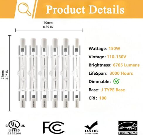 مصابيح ضوء الهالوجين R7S 120 فولت 150W ، 6 حزمة J78mm T3 J نوع المصابيح الهالوجين ، 3 بوصة مصباح كهربائي طويل مزدوج للعمل ، الأمن ، مصابيح المناظر الطبيعية ، قابلة للضمان in Kuwait