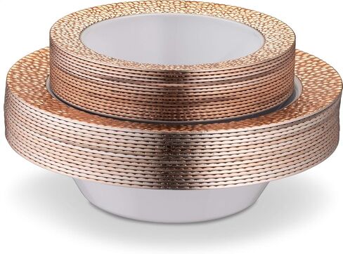 Laura Stein Designer Dinnerware Set of 32 Premium Plastic Wedding/Party Plates: White, Gold Rim. Set Includes 16 10.75" Dinner Plates & 16 7.5" Salad Plates | Glitz Series in Saudi Arabia