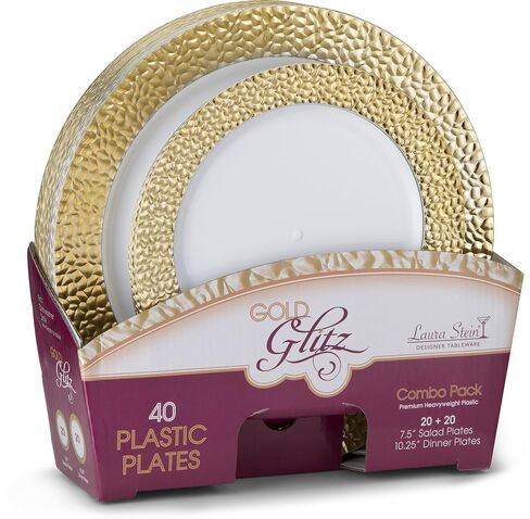Laura Stein Designer Dinnerware Set of 32 Premium Plastic Wedding/Party Plates: White, Gold Rim. Set Includes 16 10.75" Dinner Plates & 16 7.5" Salad Plates | Glitz Series in Saudi Arabia