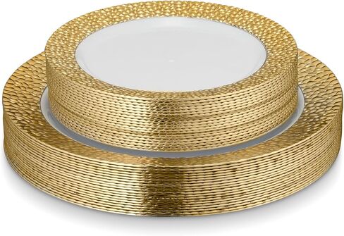 Laura Stein Designer Dinnerware Set of 32 Premium Plastic Wedding/Party Plates: White, Gold Rim. Set Includes 16 10.75" Dinner Plates & 16 7.5" Salad Plates | Glitz Series in Saudi Arabia