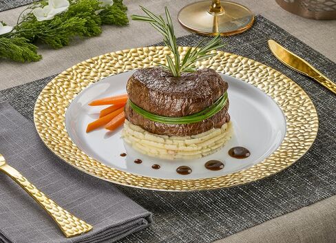Laura Stein Designer Dinnerware Set of 32 Premium Plastic Wedding/Party Plates: White, Gold Rim. Set Includes 16 10.75" Dinner Plates & 16 7.5" Salad Plates | Glitz Series in Saudi Arabia