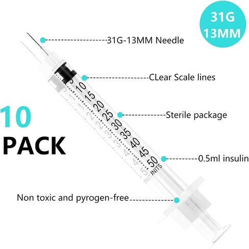 10 حزمة 1/2ml المحاقن 31G 1/2 بوصة (12.7 مم) لوازم المختبر العلمي الصناعي ، حزمة مختومة بشكل فردي in Saudi Arabia