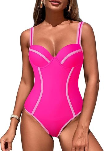 Women's One Piece Swimsuits Slimming Tummy Control Bathing Suits Sexy Push Up Swim Suits Color Block Swimwear in Kuwait