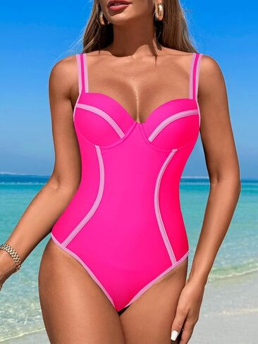 Women's One Piece Swimsuits Slimming Tummy Control Bathing Suits Sexy Push Up Swim Suits Color Block Swimwear in Kuwait