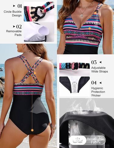 Women's One Piece Swimsuits Tummy Control Bathing Suit V Neck Ruched Swimwear Criss Cross Back O-Ring Vintage in Saudi Arabia