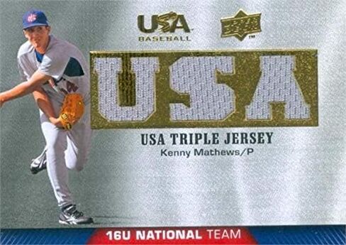 مستودع توقيعه 639182 لاعب Kenny Mathews Worn Jersey Patch Baseball Card - Team USA ، Riverside Community College - 2009 Upper Deck Triple Relic No.TJ16UKM in Saudi Arabia