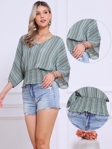 Allegra K Tops for Women's Summer Boho V Neck Print Chiffon Top Smocked Batwing Dolman Sleeve Blouses in Saudi Arabia