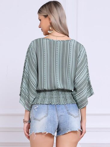 Allegra K Tops for Women's Summer Boho V Neck Print Chiffon Top Smocked Batwing Dolman Sleeve Blouses in Saudi Arabia