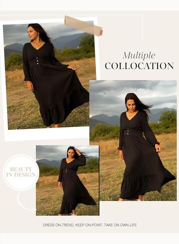 Dokotoo Womens Dresses Fashion 2025 Long Sleeve v Neck Maxi Dresses Elegant Nased Flowy Tiered Boho Beach Extivities in Kuwait