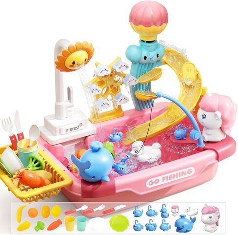 CUTE STONE Play Kitchen Sink Toys with Upgraded Real Faucet, Play Cooking Stove, Cookware Pot and Pan,Play Food, Color Changing Dishes Accessories for Boys Girls Toddlers in Saudi Arabia