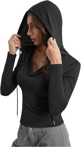Milumia Women's Y2K Fitted V Neck Crop Crop Hoodies Long Sleeve Croped Crop Top Switshring sweatshirt in Saudi Arabia