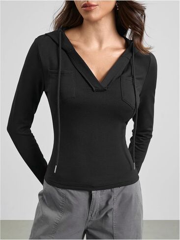 Milumia Women's Y2K Fitted V Neck Crop Crop Hoodies Long Sleeve Croped Crop Top Switshring sweatshirt in Saudi Arabia