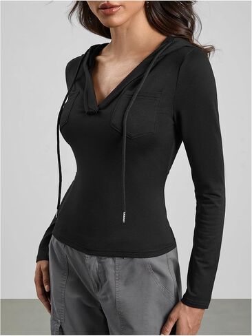Milumia Women's Y2K Fitted V Neck Crop Crop Hoodies Long Sleeve Croped Crop Top Switshring sweatshirt in Saudi Arabia