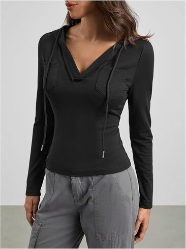 Milumia Women's Y2K Fitted V Neck Crop Crop Hoodies Long Sleeve Croped Crop Top Switshring sweatshirt in Saudi Arabia
