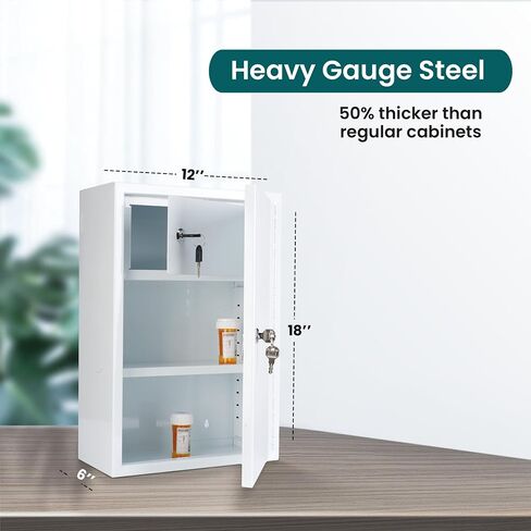 Locking Medicine Cabinet - Wall Mounted Steel Narcotics Cabinet, Double Lockable Door for Safe Medicine Storage, Adjustable Shelf, White, 12" W x 18" H x 6" D in Saudi Arabia