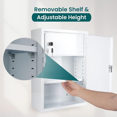 Locking Medicine Cabinet - Wall Mounted Steel Narcotics Cabinet, Double Lockable Door for Safe Medicine Storage, Adjustable Shelf, White, 12" W x 18" H x 6" D in Saudi Arabia