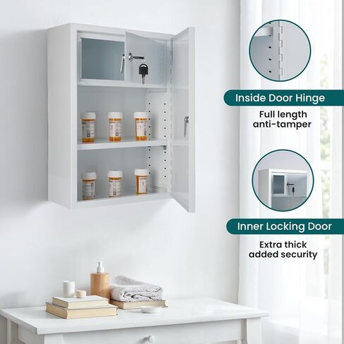 Locking Medicine Cabinet - Wall Mounted Steel Narcotics Cabinet, Double Lockable Door for Safe Medicine Storage, Adjustable Shelf, White, 12" W x 18" H x 6" D in Saudi Arabia