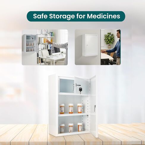 Locking Medicine Cabinet - Wall Mounted Steel Narcotics Cabinet, Double Lockable Door for Safe Medicine Storage, Adjustable Shelf, White, 12" W x 18" H x 6" D in Saudi Arabia