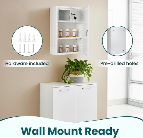 Locking Medicine Cabinet - Wall Mounted Steel Narcotics Cabinet, Double Lockable Door for Safe Medicine Storage, Adjustable Shelf, White, 12" W x 18" H x 6" D in Saudi Arabia