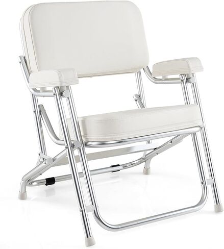 GYMAX Aluminum Folding Boat Chair with Cushioned Seat & Armrests, Non-Slip Foot Pads, Lock Pin, Modern Style, White, 330 lbs Load Capacity, Adult, Outdoor Use in Saudi Arabia