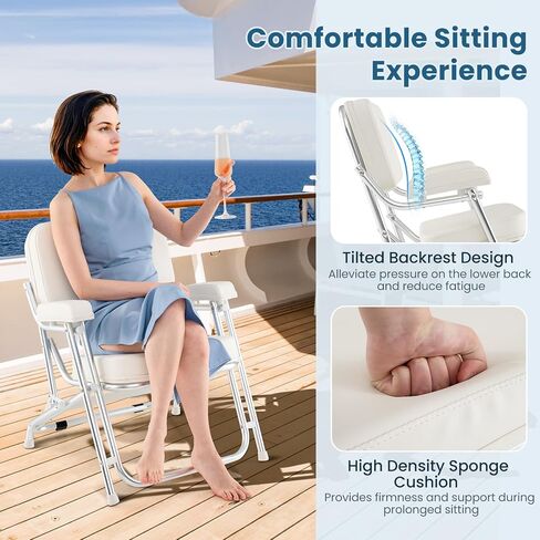 GYMAX Aluminum Folding Boat Chair with Cushioned Seat & Armrests, Non-Slip Foot Pads, Lock Pin, Modern Style, White, 330 lbs Load Capacity, Adult, Outdoor Use in Saudi Arabia