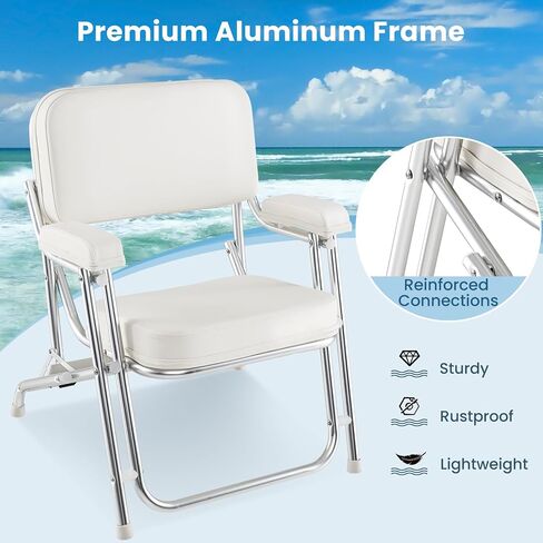 GYMAX Aluminum Folding Boat Chair with Cushioned Seat & Armrests, Non-Slip Foot Pads, Lock Pin, Modern Style, White, 330 lbs Load Capacity, Adult, Outdoor Use in Saudi Arabia