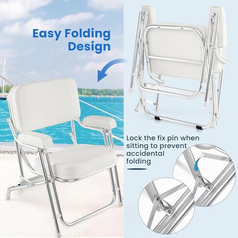 GYMAX Aluminum Folding Boat Chair with Cushioned Seat & Armrests, Non-Slip Foot Pads, Lock Pin, Modern Style, White, 330 lbs Load Capacity, Adult, Outdoor Use in Saudi Arabia