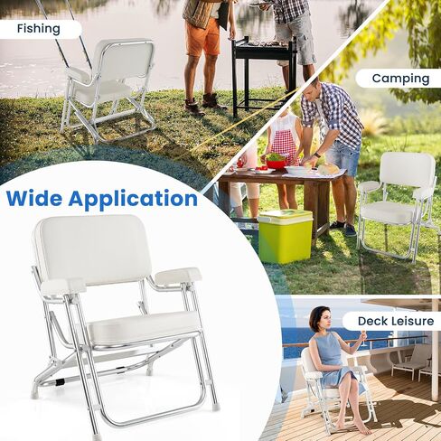 GYMAX Aluminum Folding Boat Chair with Cushioned Seat & Armrests, Non-Slip Foot Pads, Lock Pin, Modern Style, White, 330 lbs Load Capacity, Adult, Outdoor Use in Saudi Arabia