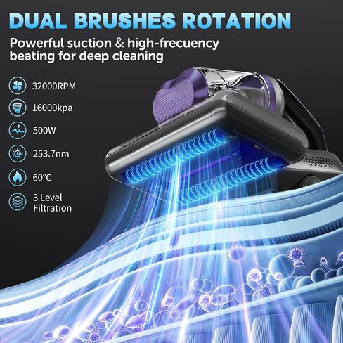 Colesy Mattress Vacuum, 16Kpa Suction Mattress Vacuum Cleaner with UV & Ultrasonic, High Heating Handheld Bed Vacuum, 500W Powerful Bed Vacuum Cleaner with Double Cup for Dust & Pet Hair in Saudi Arabia