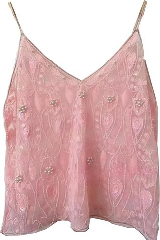 Womens Summer Sequin Sparkle Strape Camisole See Through Tank V Neck Y2k Cute Beaded Top in Kuwait