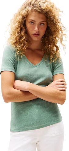 Tommy Hilfiger Women Short Sleeve V-Neck Solid Cotton Tee in Saudi Arabia