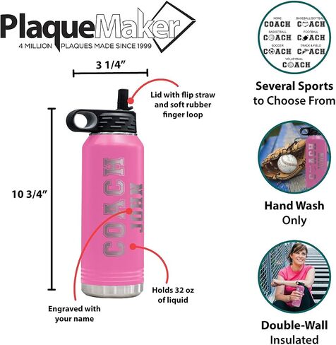 PlaqueMaker Customizable Coach Water Bottle - Include Your Personal Text (Pink) in Kuwait