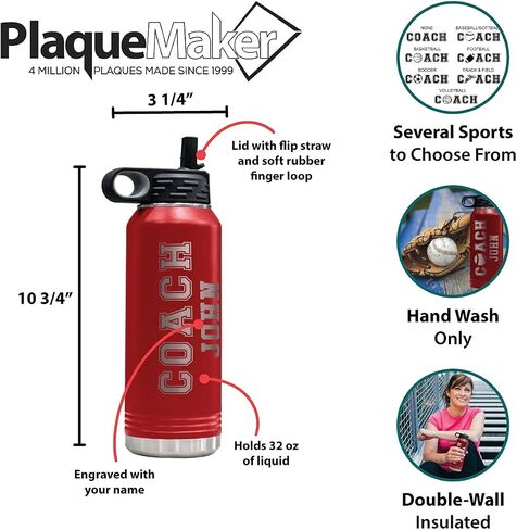PlaqueMaker Customizable Coach Water Bottle - Include Your Personal Text (Pink) in Kuwait