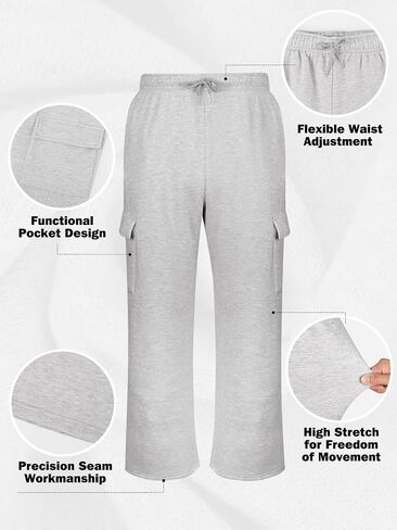 Gihuo Cargo Sweatpants for Men Athletic Baggy Fleece Pants Open Bottom Wide Leg Drawstring Joggers with Pockets in Saudi Arabia