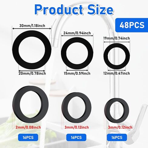 48 Pcs Shower Hose Washers, Rubber Washers Assortment Washer Tap Sealing Rings Shower Head Washer Rubber WasherSeals,1/2 5/8 3/4 Inch Hose WasherSeal for Home Faucets Connecting in Saudi Arabia